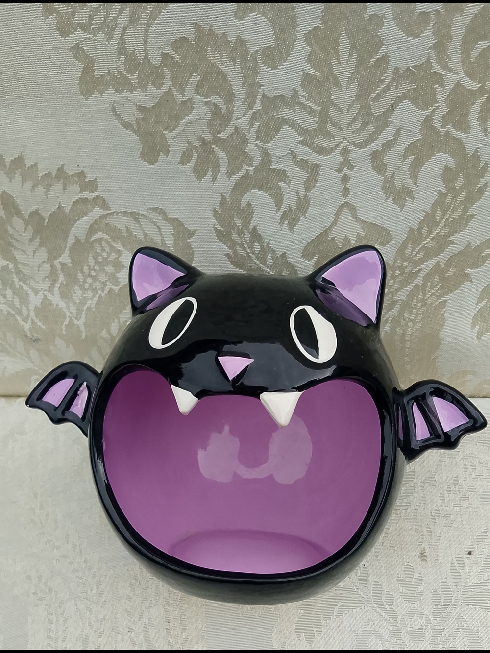 Ceramic Bat Candy Bowl – Black & Purple Halloween Vampire Bat Dish